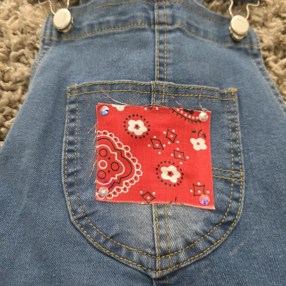 KidsCool Space Denim Overalls Red Bandana Print Patches Size 10-11